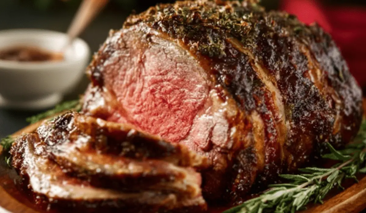 Classic Christmas Prime Rib roast on holiday table