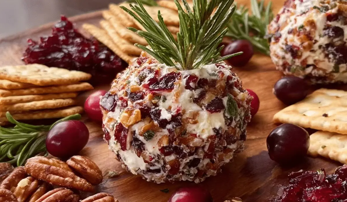 Cranberry Pecan Goat Cheese Ball served on holiday appetizer table
