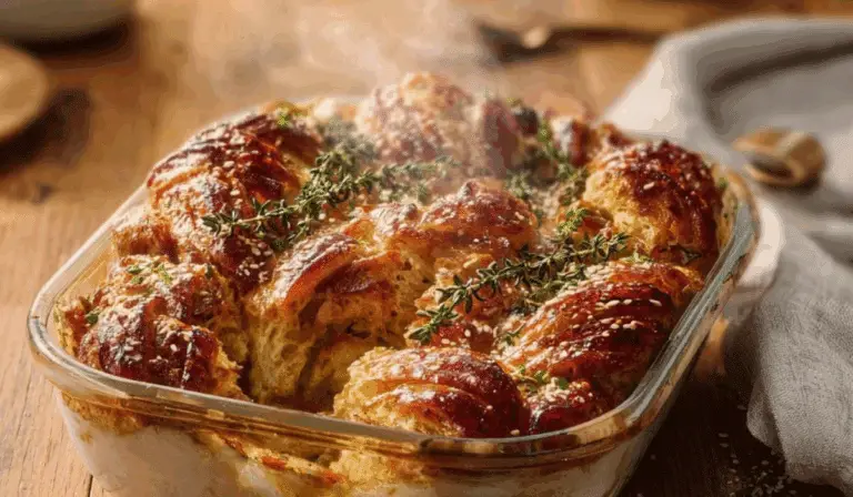 Buttery croissant strata fresh from oven