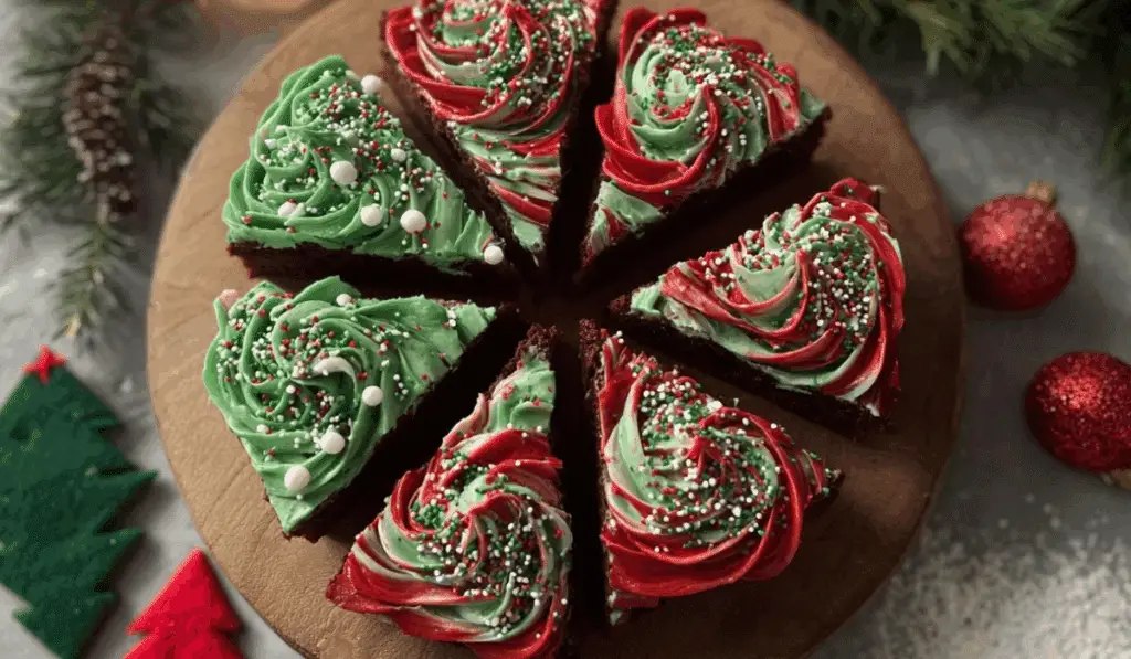Frosted Christmas Brownies with holiday decorations
