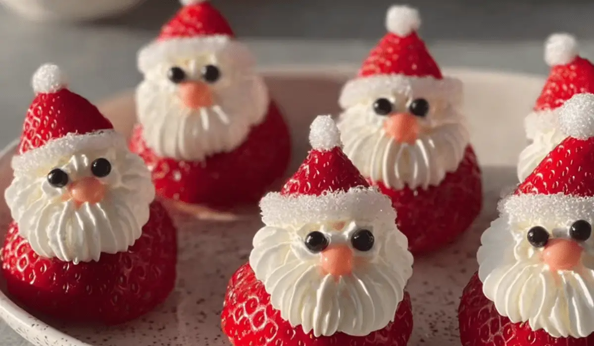strawberry santa dessert on holiday tray