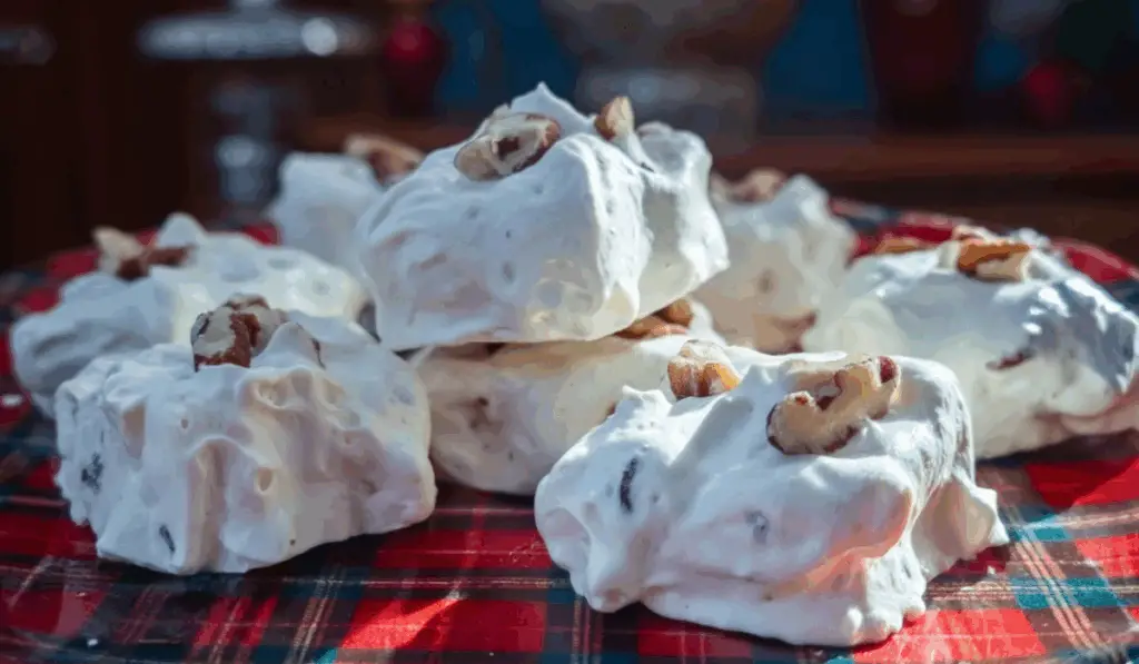 No-Cook Divinity Candy on rustic holiday plate