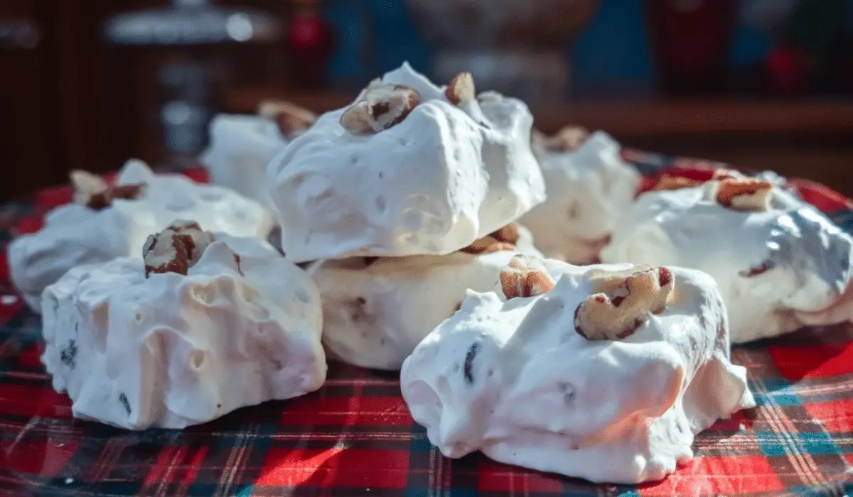 No-Cook Divinity Candy on rustic holiday plate