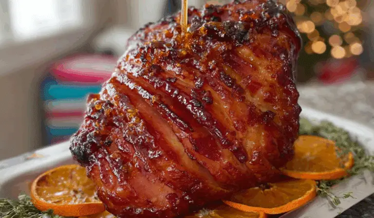 Honey Baked Ham with Orange-Brown Sugar Glaze on holiday table