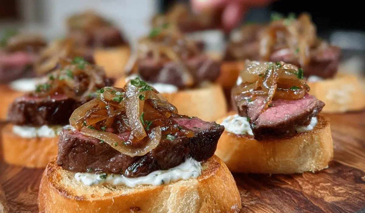 Steak Crostini with Horseradish Sauce and Caramelized Onions