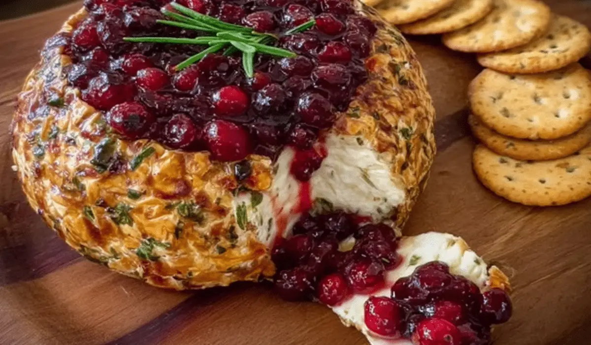 Cranberry brie cheese appetizer on wooden board