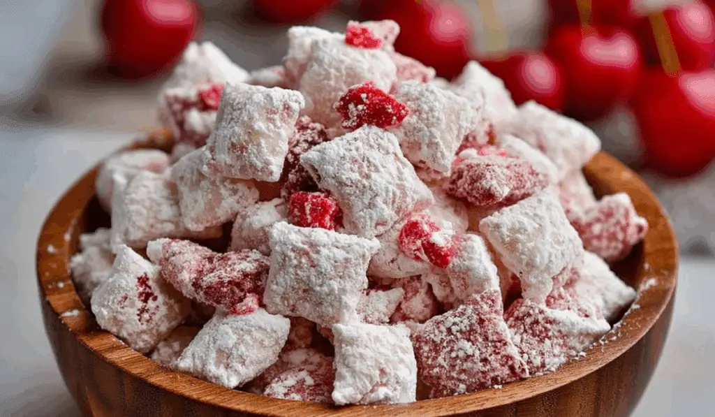 Cherry Cheesecake Puppy Chow in rustic bowl
