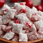 Cherry Cheesecake Puppy Chow in rustic bowl