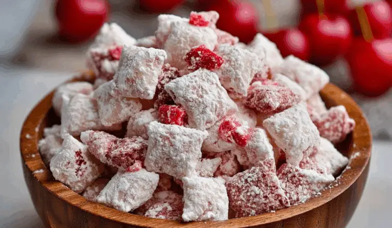 Cherry Cheesecake Puppy Chow in rustic bowl