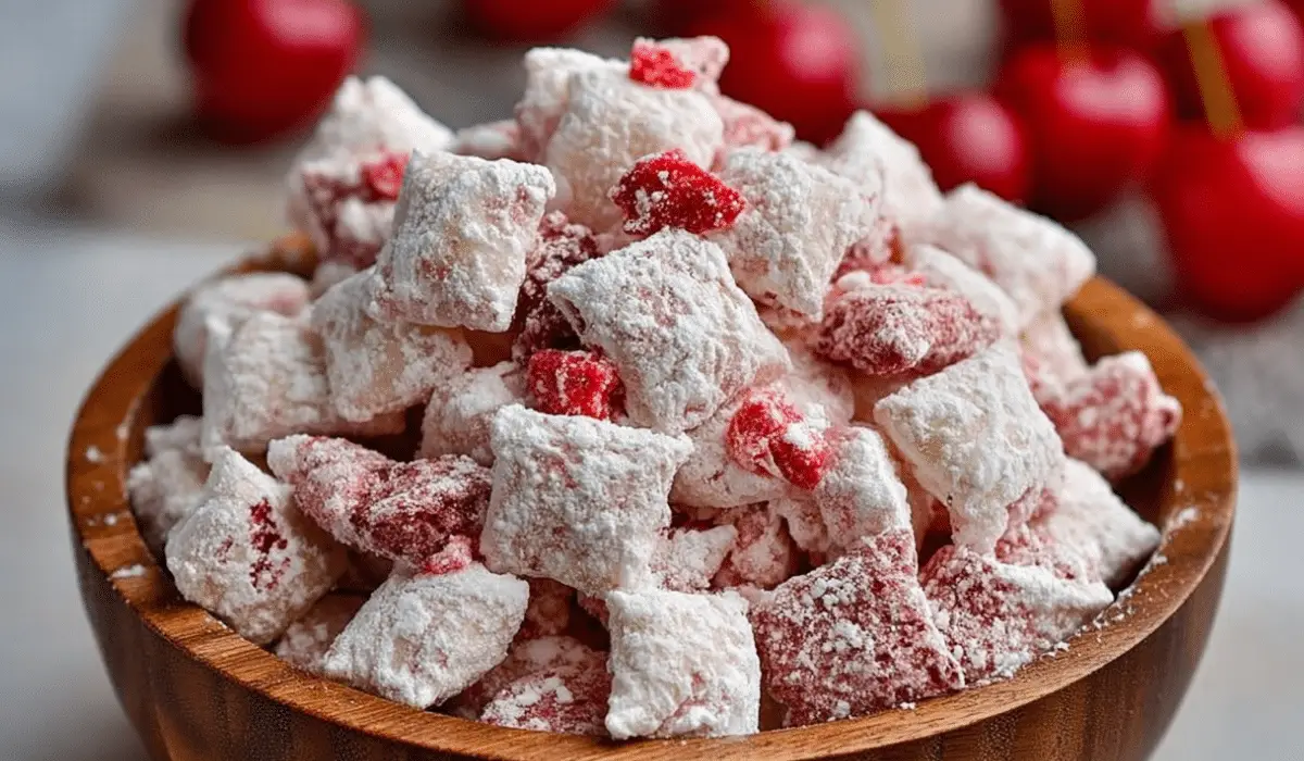 Cherry Cheesecake Puppy Chow in rustic bowl
