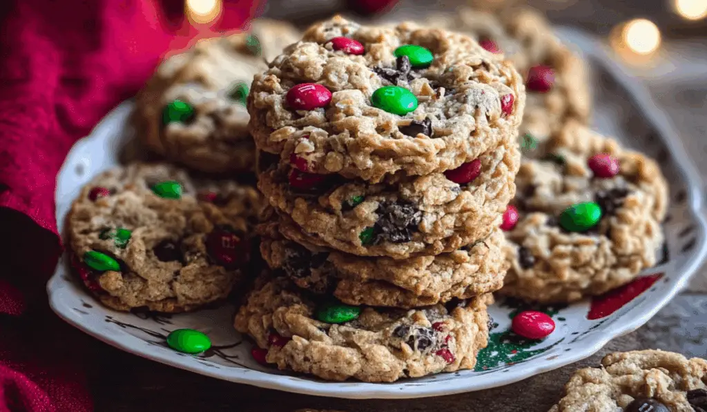 Christmas Monster Cookies stacked on plate