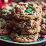 Christmas Monster Cookies stacked on plate