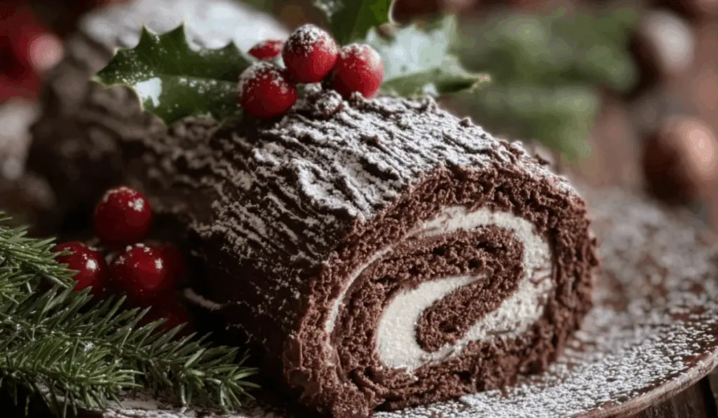 Traditional Chocolate Yule Log dusted with powdered sugar