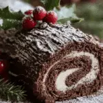 Traditional Chocolate Yule Log dusted with powdered sugar