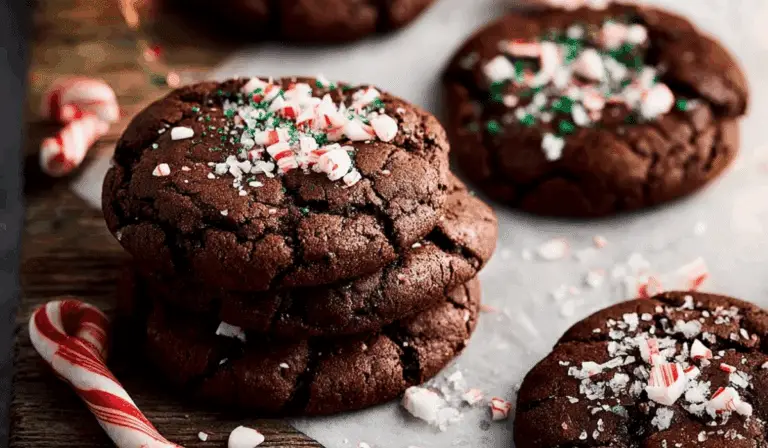 Peppermint Brownie Cookies stacked on rustic holiday table