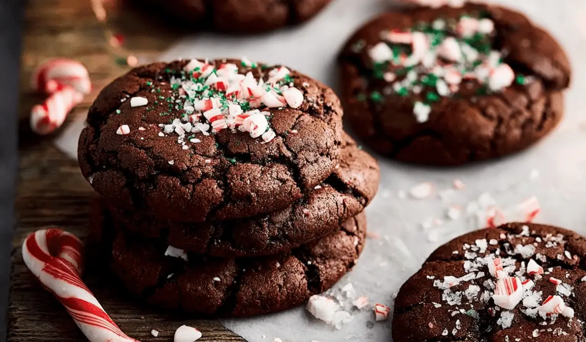 Peppermint Brownie Cookies stacked on rustic holiday table