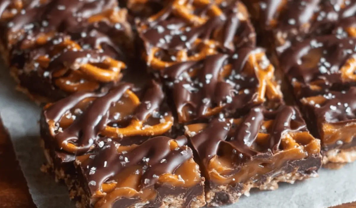 Salted Chocolate and Caramel Pretzel Bars on tray