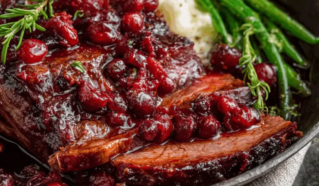 Cranberry Roast Beef on rustic platter