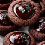 Chocolate Thumbprint Cookies on rustic holiday table