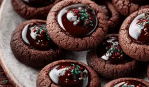 Chocolate Thumbprint Cookies on rustic holiday table