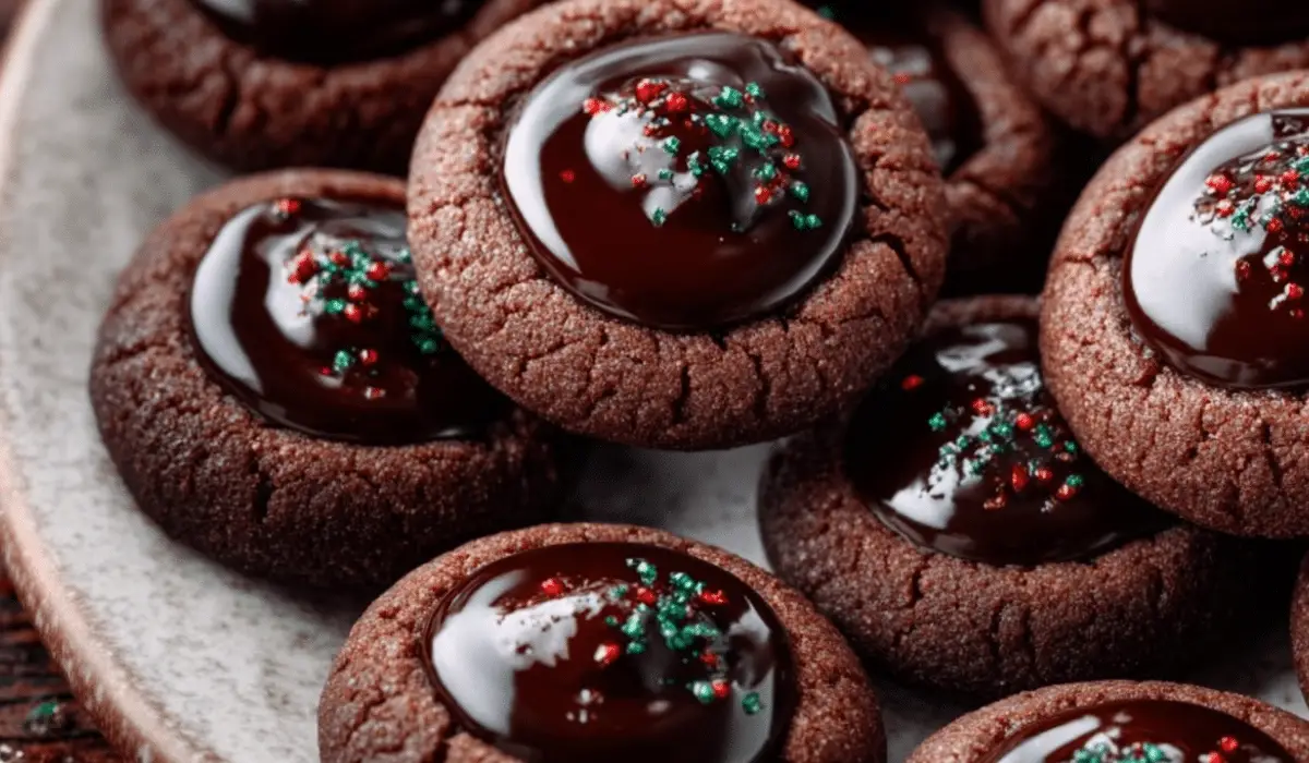 Chocolate Thumbprint Cookies on rustic holiday table