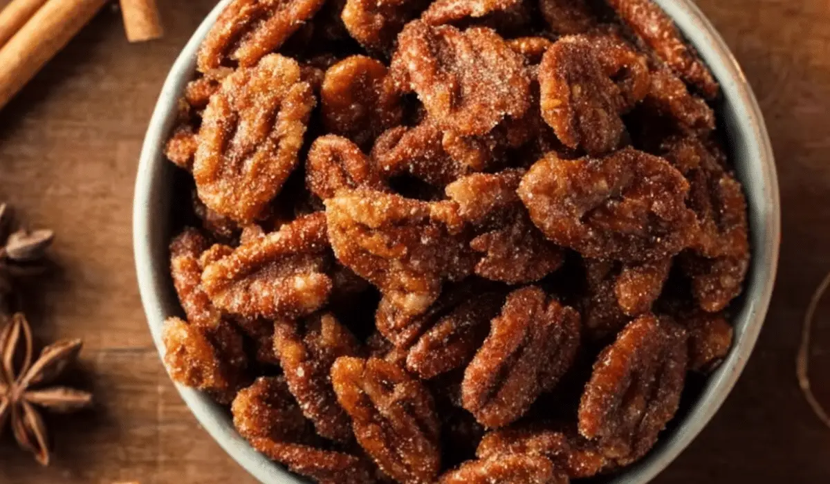 Slow Cooker Candied Pecans in holiday setting