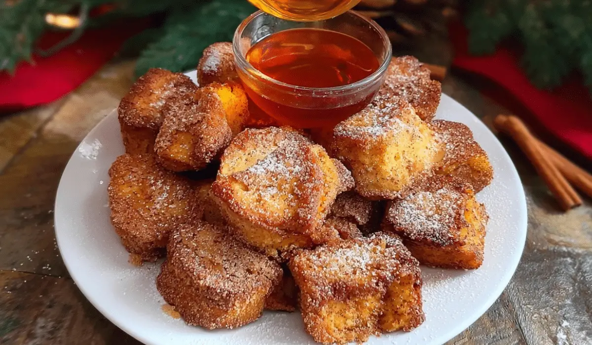 Eggnog French Toast Bites on festive breakfast table