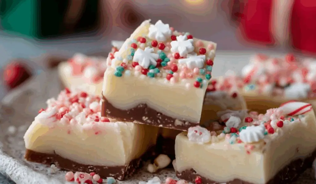 Christmas Fudge decorated with candy canes and sprinkles