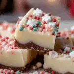 Christmas Fudge decorated with candy canes and sprinkles