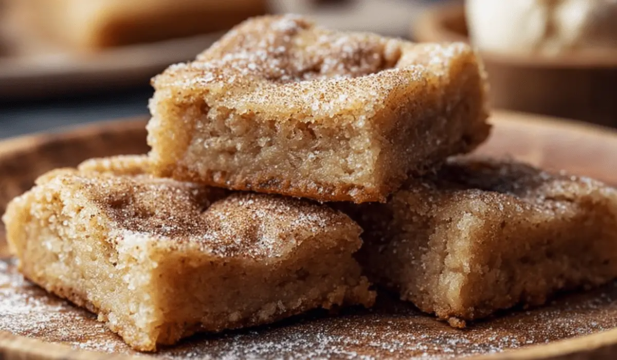 Cinnamon Sugar Blondies fresh from oven on cutting board