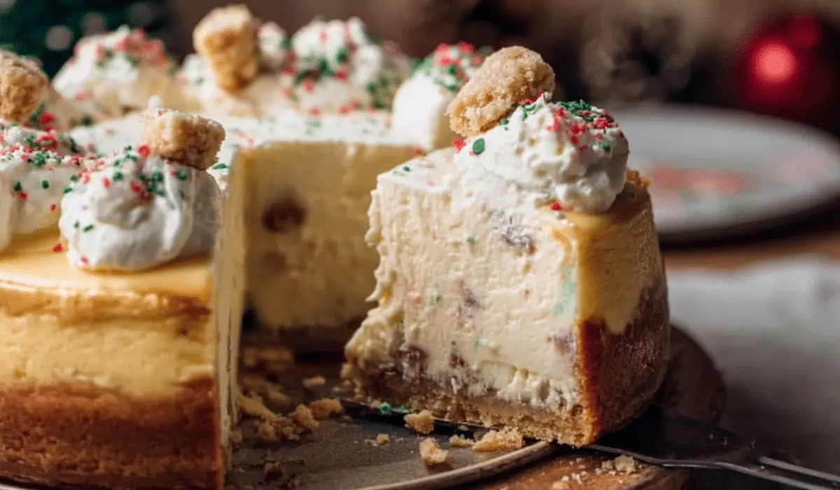 Sugar Cookie Cheesecake topped with whipped cream and cookie crumbles
