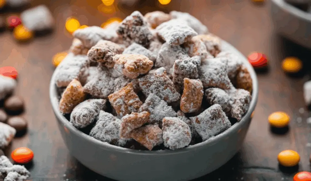 Peanut Butter Puppy Chow in festive bowl