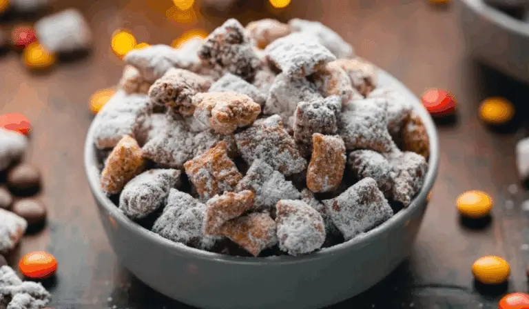 Peanut Butter Puppy Chow in festive bowl
