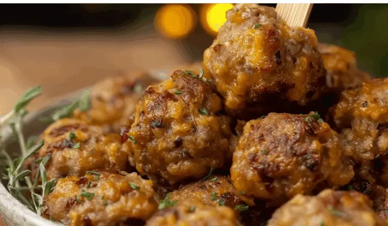 Stuffing Sausage Balls served on rustic holiday platter