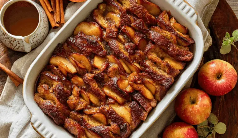 Baked Apple Cider French Toast in fall setting