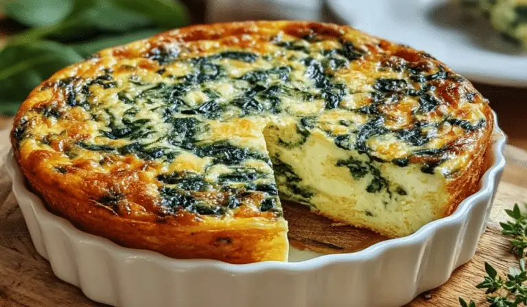 Cottage Cheese and Spinach Crustless Quiche in a baking dish