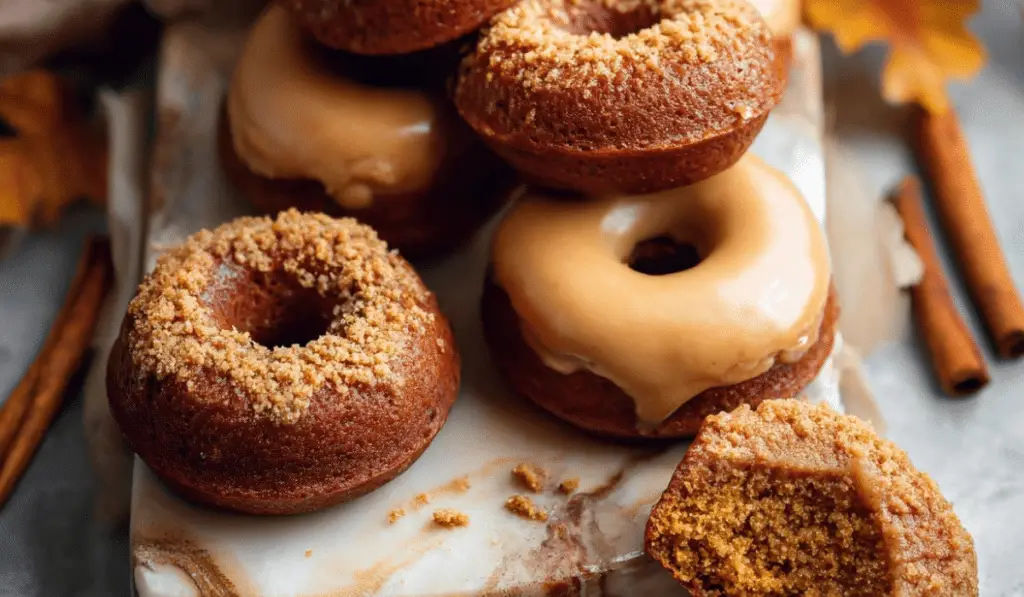 Baked Pumpkin Donuts with fall leaves and cinnamon