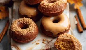 Baked Pumpkin Donuts with fall leaves and cinnamon