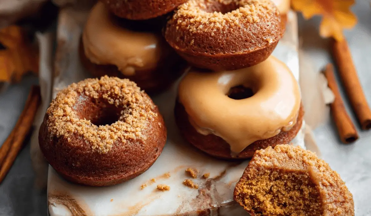 Baked Pumpkin Donuts with fall leaves and cinnamon