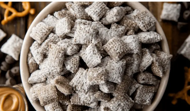 Homemade Muddy Buddies Chex Mix in bowl