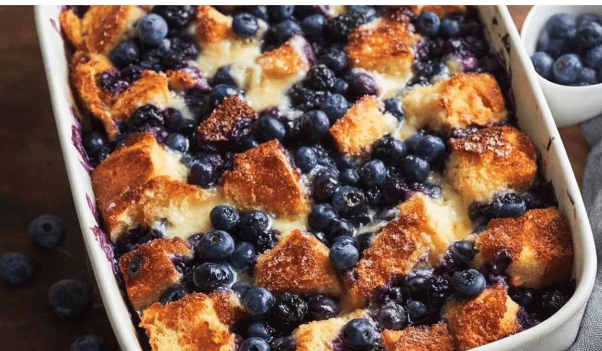 Overnight Blueberry French Toast Casserole fresh from oven