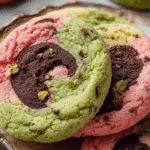 Spumoni Cookies (Cherry, Pistachio, Chocolate) stacked on tray