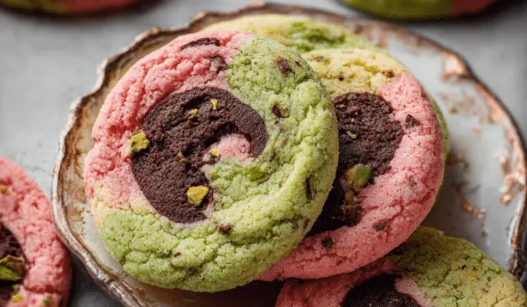 Spumoni Cookies (Cherry, Pistachio, Chocolate) stacked on tray