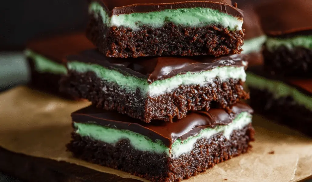 Classic Mint Chocolate Brownies stacked on rustic board