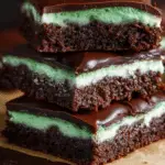 Classic Mint Chocolate Brownies stacked on rustic board