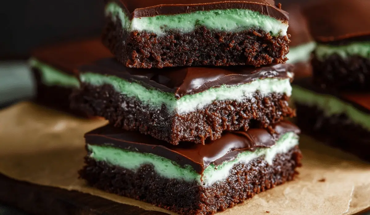 Classic Mint Chocolate Brownies stacked on rustic board
