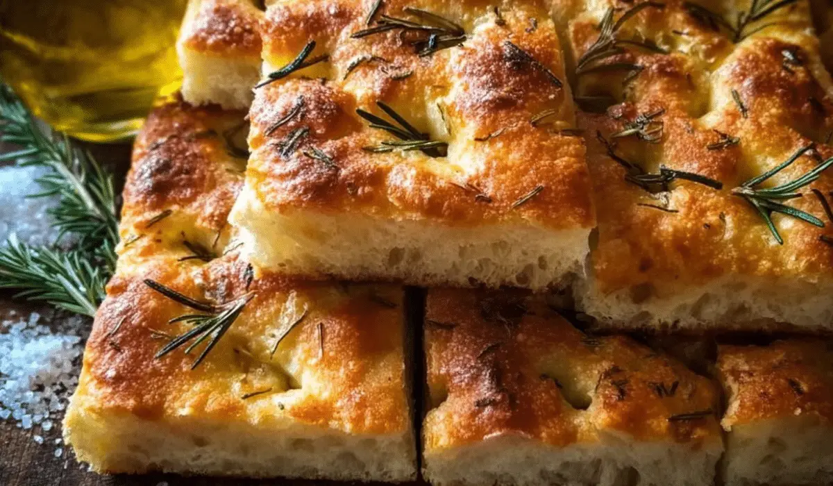 Homemade Focaccia Bread with golden crust and rosemary