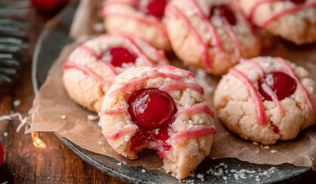 Cherry Almond Shortbread Cookies on a holiday plate