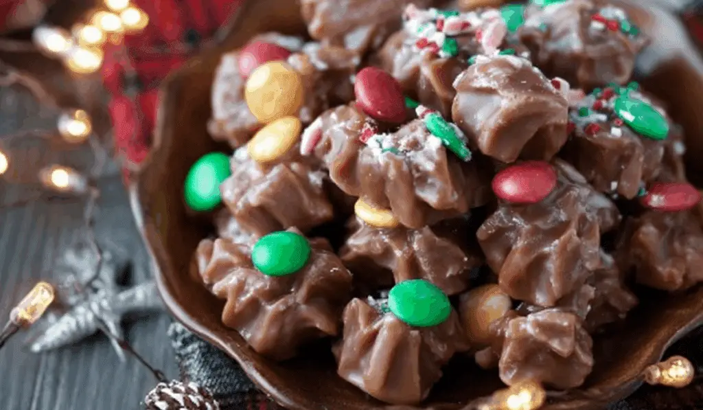 Christmas Crock Pot Candy on a holiday tray
