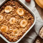 Banana Baked Oatmeal fresh out of the oven on a rustic table